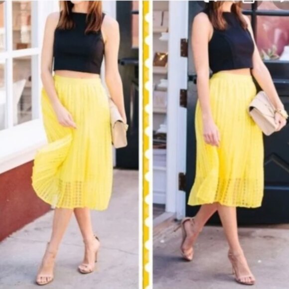 Elle Yellow Sheer A-Line Checker Print Skirt Bold Fun Lined Full Size 8 Women's - Picture 1 of 13